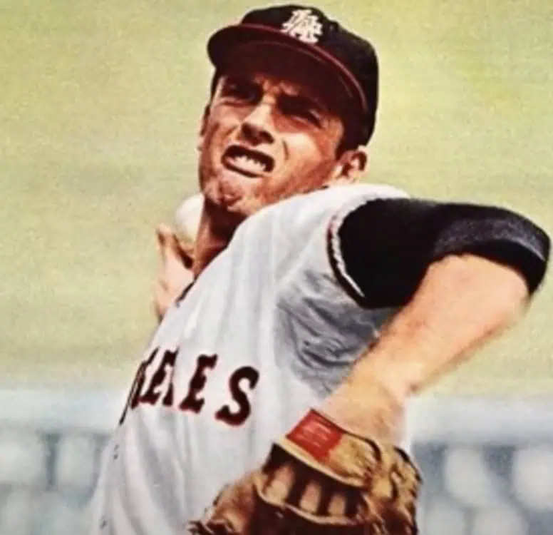 Image of Dean Chance pitching, highlighting his role in the 1960s debate.